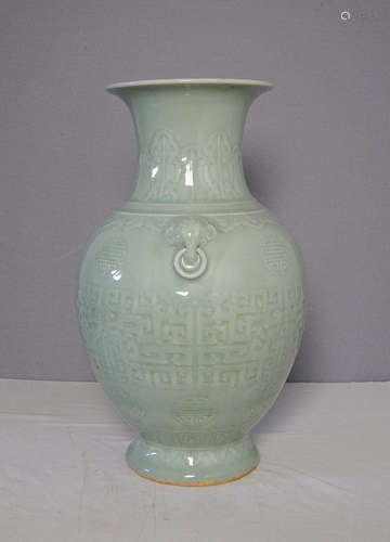 Large Chinese Monochrome Green Glaze Porcelain Vase With Mark