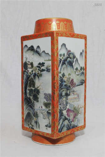 Chinese Famille Rose Porcelain Square Vase With Mark