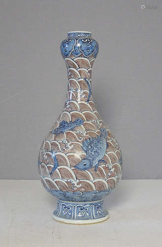 Chinese Blue and White With Red Porcelain Vase With Mark