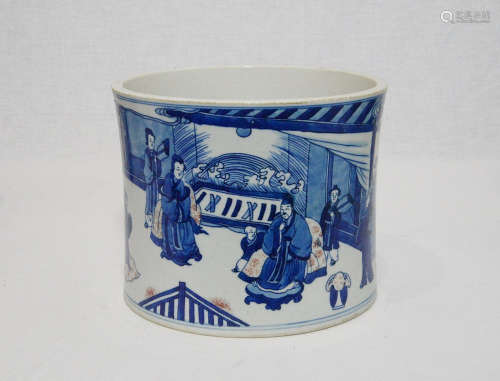 Chinese Blue and White Porcelain Brush Washer With Studio Mark