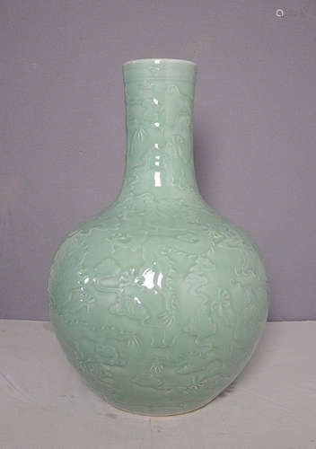 Large Chinese Monochrome Green Glaze Porcelain Ball Vase