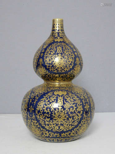 Chinese Monochrome Blue Glaze Porcelain Gourd Vase With