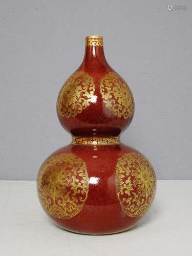 Chinese Monochrome Red Glaze Porcelain Gourd Vase With Mark