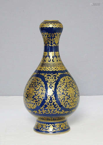 Chinese Monochrome Blue Glaze Porcelain Garlic Shape Vase