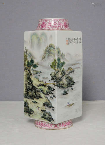 Chinese Famille Rose Porcelain Square Vase With Studio Mark