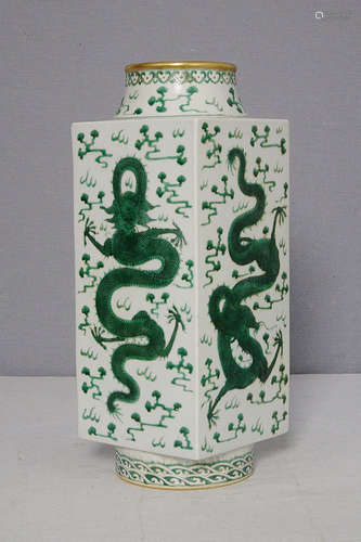 Chinese Grenn and White Porcelain Square Vase With Mark