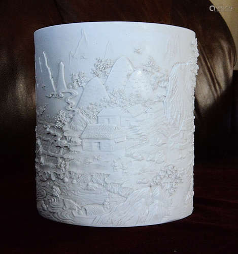 Chinese White Biscuit Porcelain Brush Holder With Mark