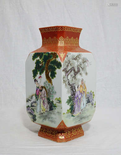 Chinese Famille Rose Porcelain Square Vase With Studio Mark