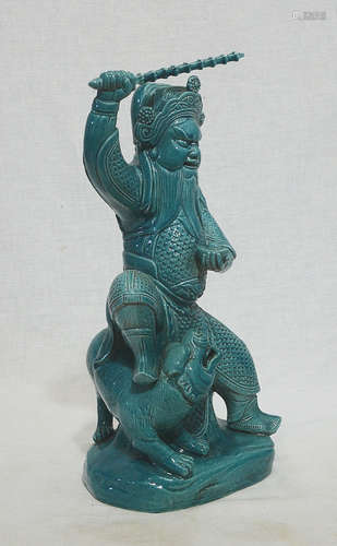 Chinese Blue Glaze Porcelain Statue Of Seated Warrior