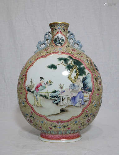 Chinese Famille Rose Porcelain Flat Vase With Mark