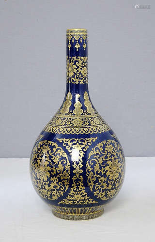 Chinese Monochrome Blue Glaze Porcelain Long Neck Vase