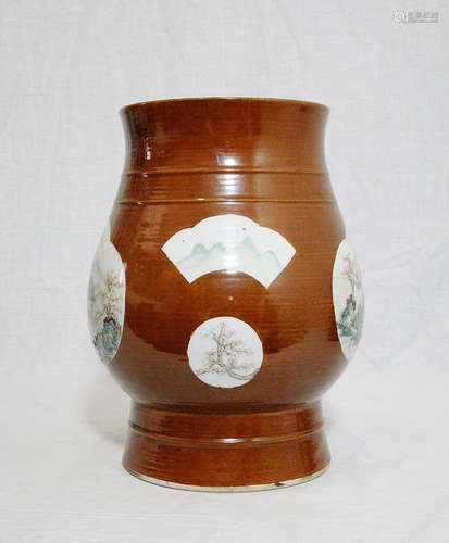 Chinese Monochrome Brown Base With Famille Rose Porcelan Vase