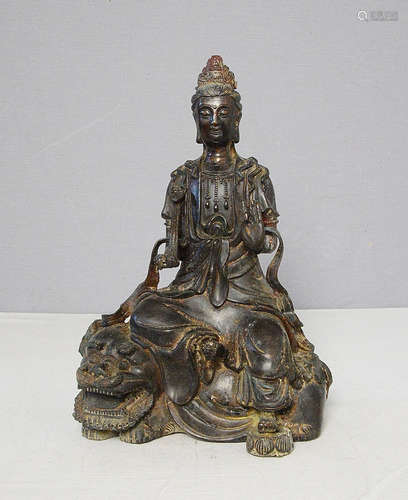 Chinese Antique Bronze Statue Of Kwan-Ying On The Elephane