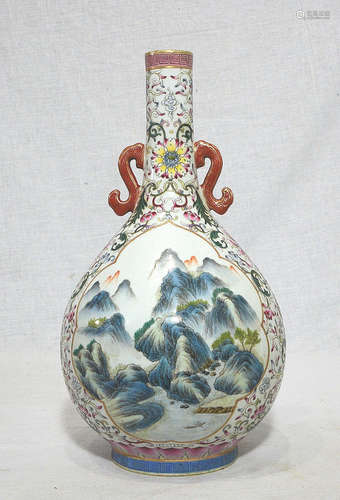 Chinese Famille Rose Porcelain Long Neck Vase With Studio Mark