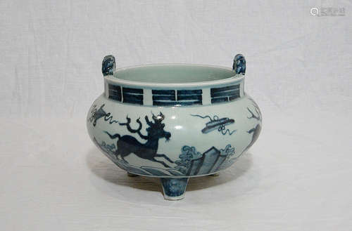 Chinese Blue and White Tripod Porcelain Incense Burner