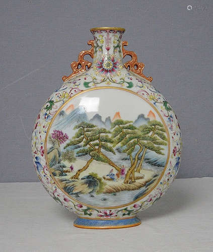 Chinese Famille Rose Porcelain Moon Flat Vase With Mark