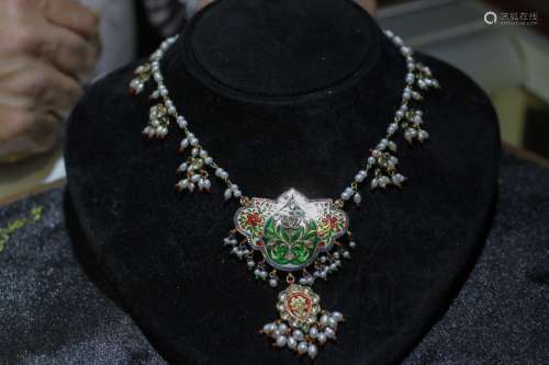 Indian Enamel & Pearl Necklace w/ Diamond