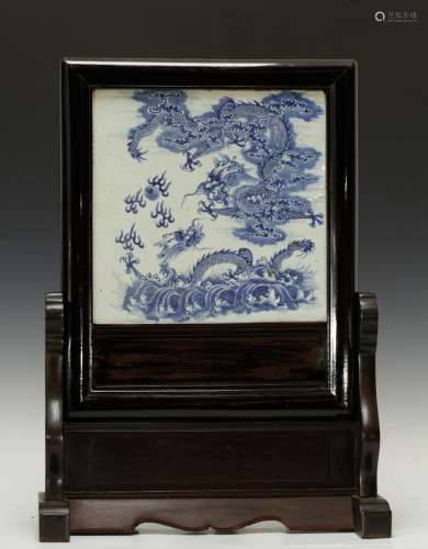 Antique Chinese Blue&White Porcelain Plaque w Stan