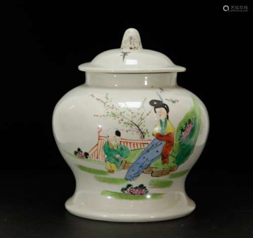 Chinese Porcelain Famille Rose CoverJar w/Lady&Boy