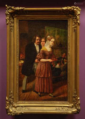 Oil on Canvas,Bar Scene, w/ Gilt Wood Frame