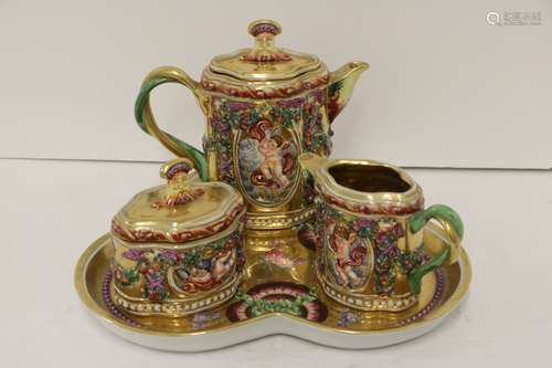 5 Pieces Capi De Monte Porcelain Tea Set w/ Tray