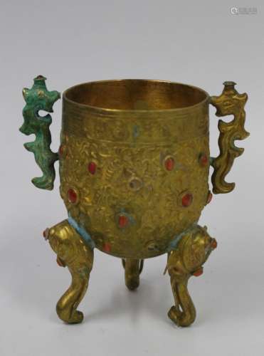 Chinese Gilt Bronze Dragon Cup