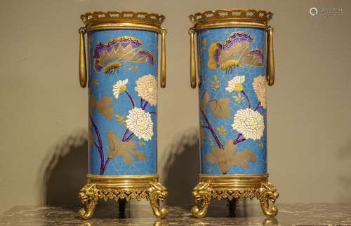 Pair of French Bronze & Porcelain Vase, Marked