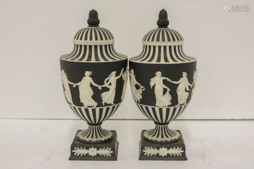 Pair of 19th C. Black/White Wedgwood Covered Vases