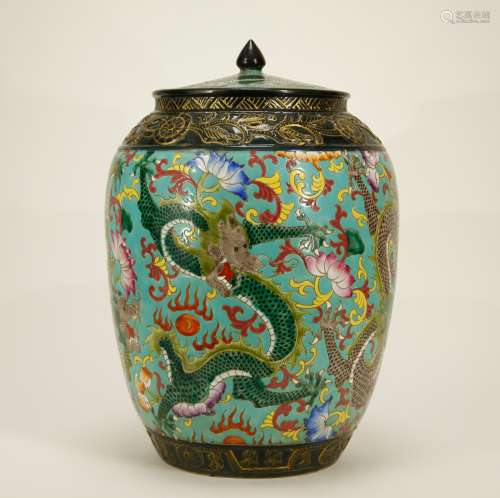 Chinese Porcelain Green Glaze Dragon Cover Jar