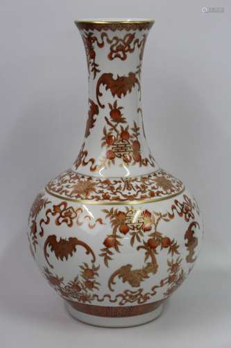 Chinese Iron Red w/ Gilt Tracery Porcelain Vase