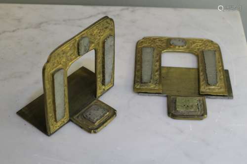 Pair of Antique Bronze Book Stand w/ Jade Inlaid