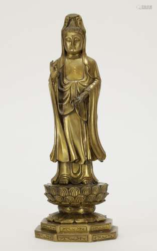 Chinese Bronze Guanyin w/ Lotus Stand