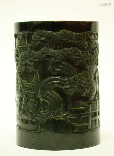 Chinese Spinach Jade Brush Pot with Full Carving