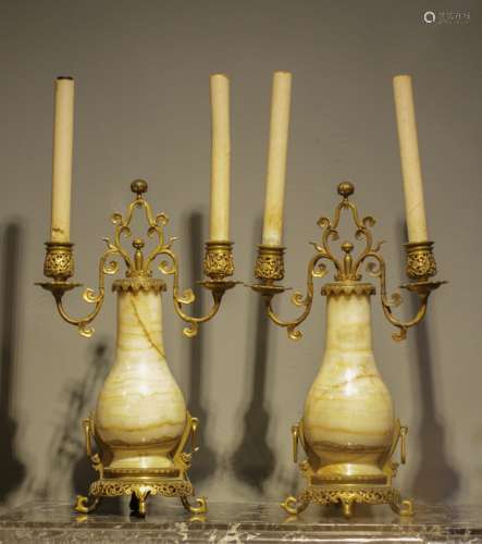 Pair of French Bronze & Marble Candle Holder