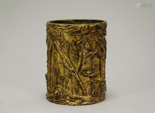 Chinese Bronze Gilt Brush Pot w/ Mark