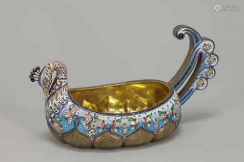 Russian 84 Silver Enamel Vessel w/ Peacock Design