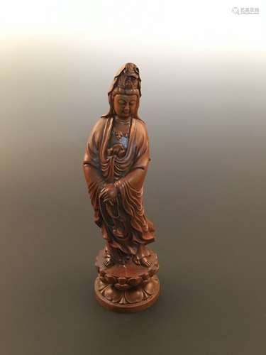 Chinese Huangyan Wood Carving of Guanyin Statue