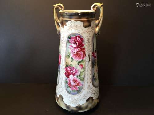 ANTIQUE Japanese Large NIPPON Vase with Gilt Handles, 16 1/2