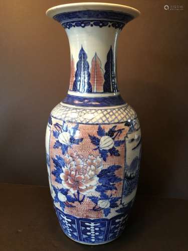 ANTIQUE Chinese Blue and White plus Iron Red Glaze flowers and landscape Vase,  Ca 1850.  18
