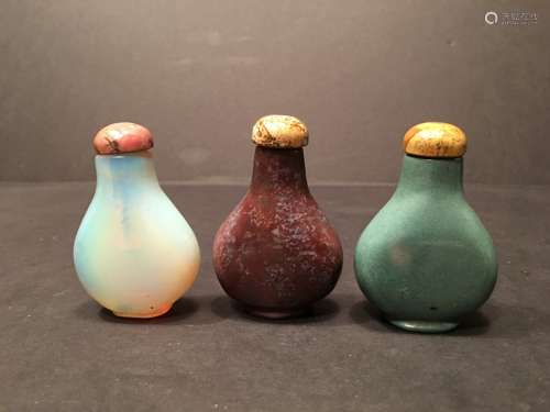 ANTIQUE Three Chinese Hardstone and Opal snuff bottles,  Late 19th century,  2 1/2