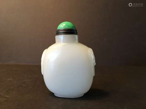 ANTIQUE Large Chinese White Jade Snuff Bottle, Green Jade (Feicui) cap, 3 1/2