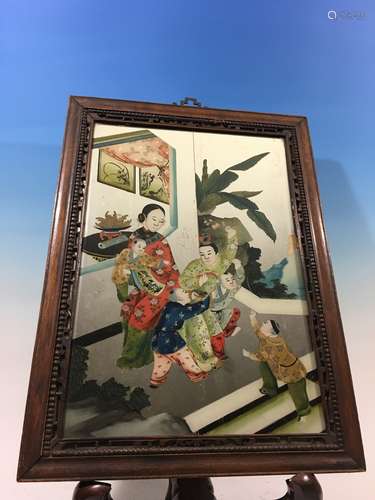 ANTIQUE Chinese Glass Mirror with Reverse Painting, late 19th Century, 22 1/2