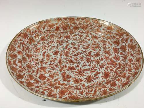 ANTIQUE Chinese Orange Sacred Bird & Butterfly Platter, Ca 1810. 18 1/2