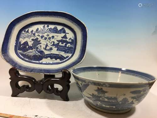 ANTIQUE Chinese Blue and White Punch Bowl and Platter, early 19th Century. Bowl 14 1/2