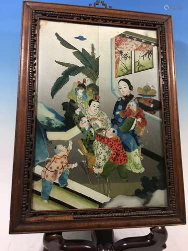 ANTIQUE Chinese Glass Mirror with Reverse Painting, late 19th Century, 22 1/2