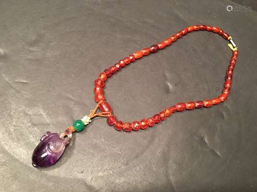 ANTIQUE Chinese Blood Amber Necklace with thin yellow metal chain and pandent, 16