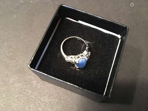 Blue Gemstone 14 K White Gold Diamond Ring, marked 14K