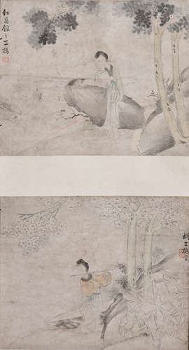 A CHINESE SCROLL OF TWO FIGURAL PAINTINGS