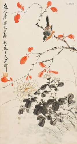 A CHINESE SCROLL PAINTING OF FLORAL AND AVIAN MOTIF, AFTER TANG YUN