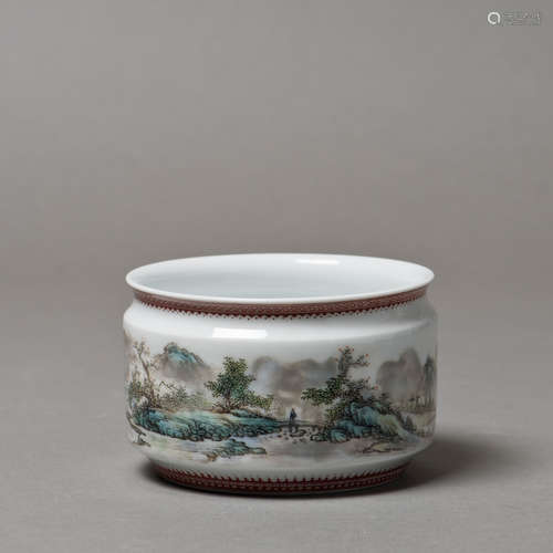 A CHINESE PORCELAIN BRUSH POT OF LANDSCAPE MOTIF